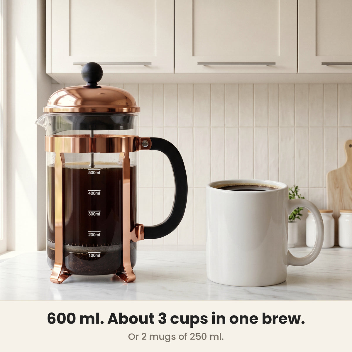 InstaCuppa Classic Glass French Press 600 ml - Copper - 600 ml makes about 3 cups (150 ml) or 2 mugs in one brew