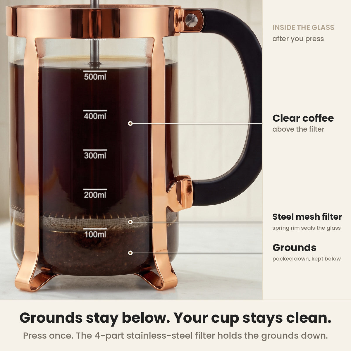InstaCuppa Classic Glass French Press 600 ml - Copper - 4-part stainless-steel filter keeps the grounds below