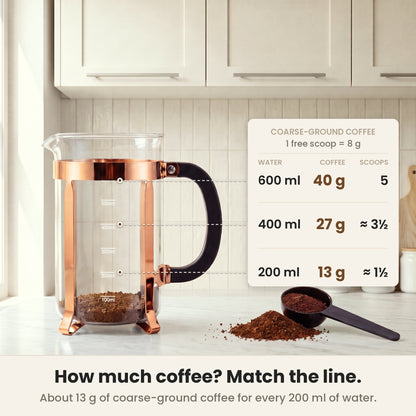 InstaCuppa Classic Glass French Press 600 ml - Copper - dose guide: about 13 g coarse coffee per 200 ml of water