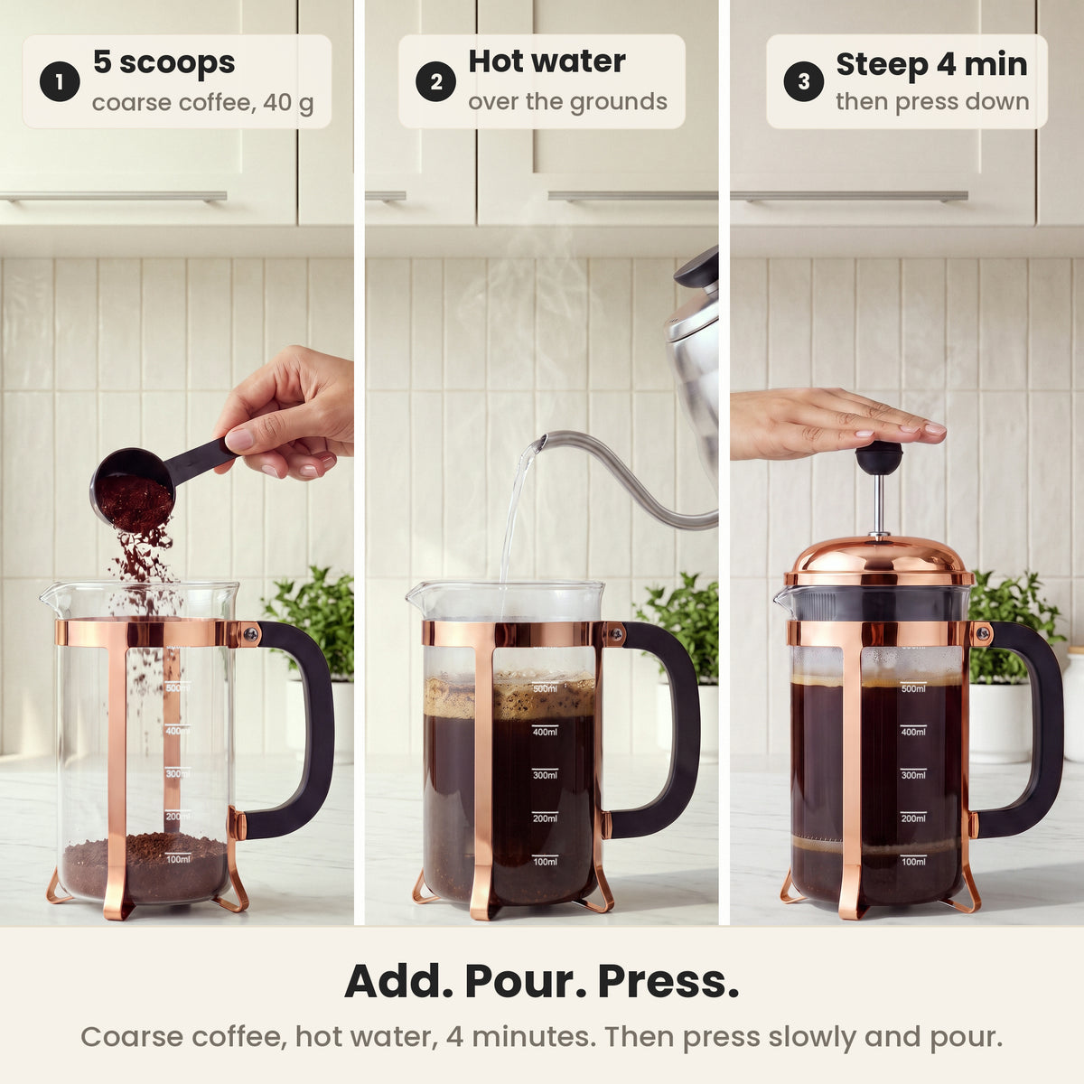 InstaCuppa Classic Glass French Press 600 ml - Copper - add coarse coffee, pour hot water, steep 4 minutes, press