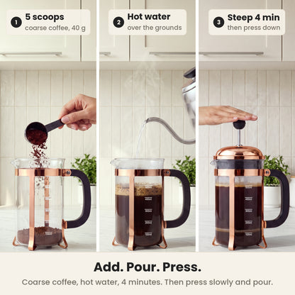 InstaCuppa Classic Glass French Press 600 ml - Copper - add coarse coffee, pour hot water, steep 4 minutes, press