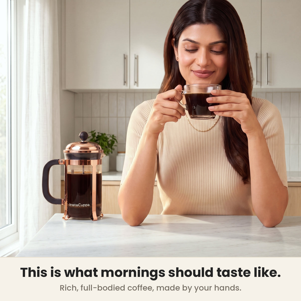 InstaCuppa Classic Glass French Press 600 ml - Copper - rich, full-bodied coffee made at home