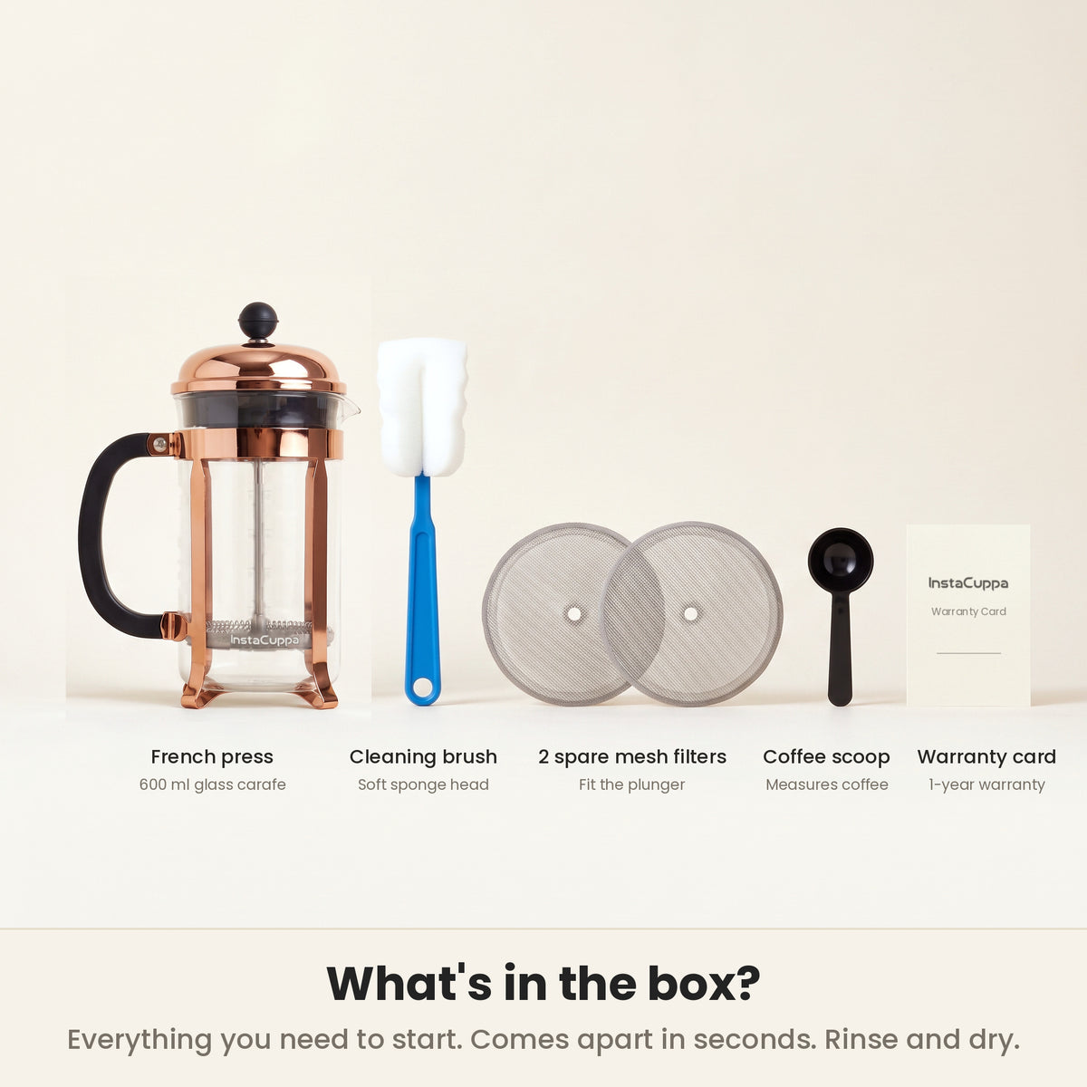 InstaCuppa Classic Glass French Press 600 ml - Copper - what's in the box: press, brush, 2 spare mesh filters, scoop, warranty card