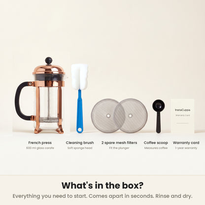 InstaCuppa Classic Glass French Press 600 ml - Copper - what's in the box: press, brush, 2 spare mesh filters, scoop, warranty card