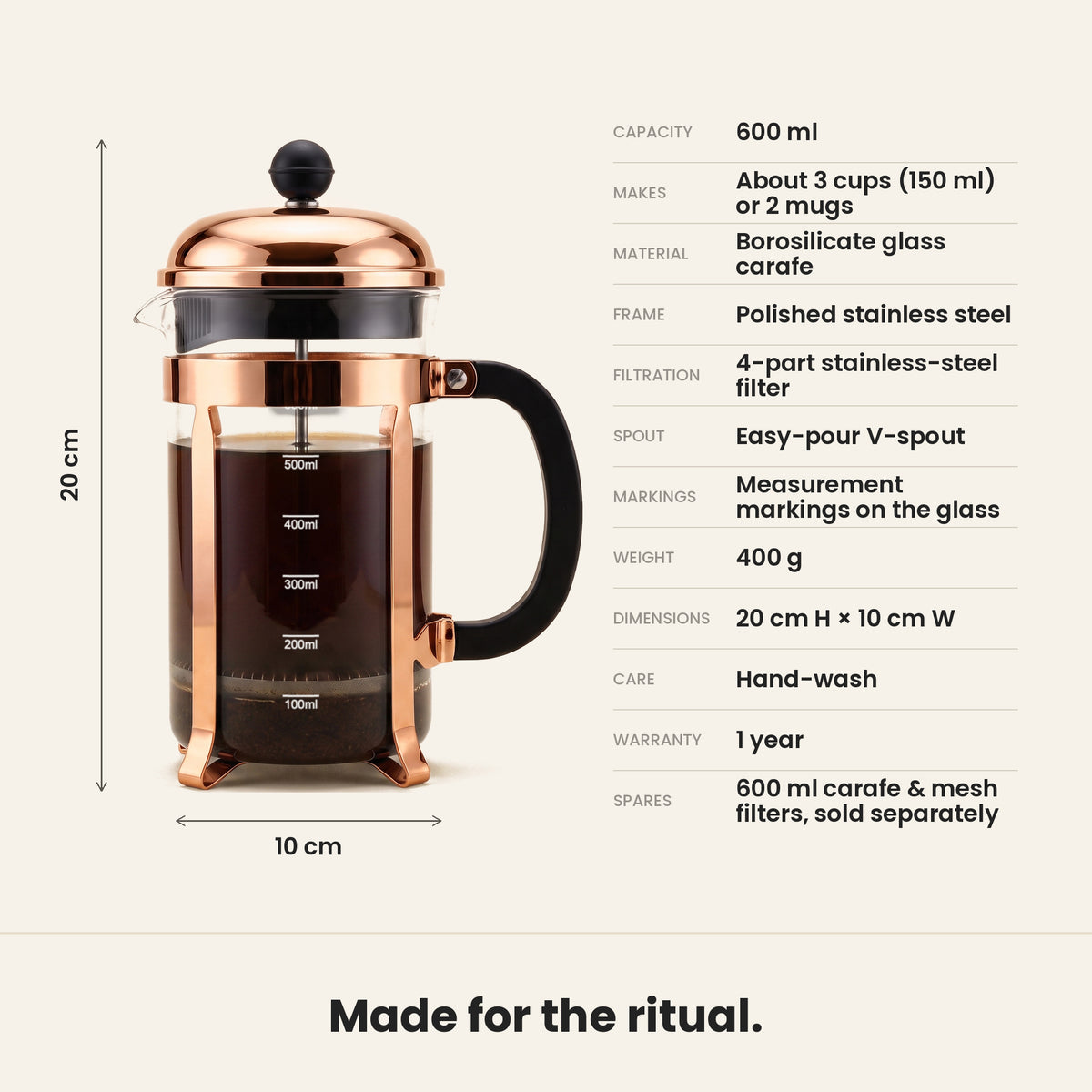 InstaCuppa Classic Glass French Press 600 ml - Copper - specifications: 600 ml borosilicate glass, copper-finish frame, hand-wash, 20 x 10 cm