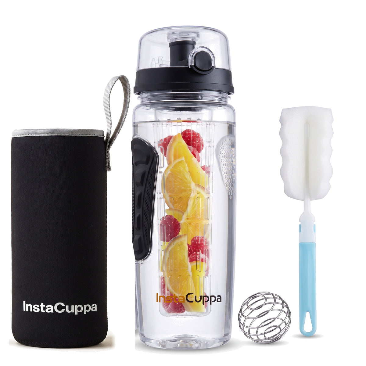 InstaCuppa Fruit Infuser Water Bottle 1 Litre - Black - full-length rod with orange and raspberries, sleeve, ball and brush