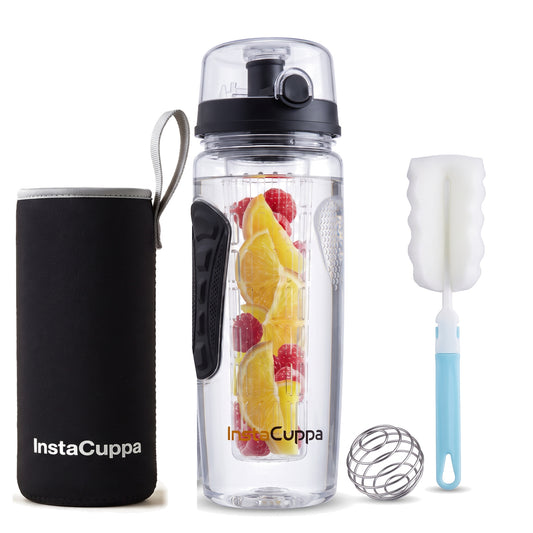 InstaCuppa Fruit Infuser Water Bottle 1 Litre - Black - full-length rod with orange and raspberries, sleeve, ball and brush