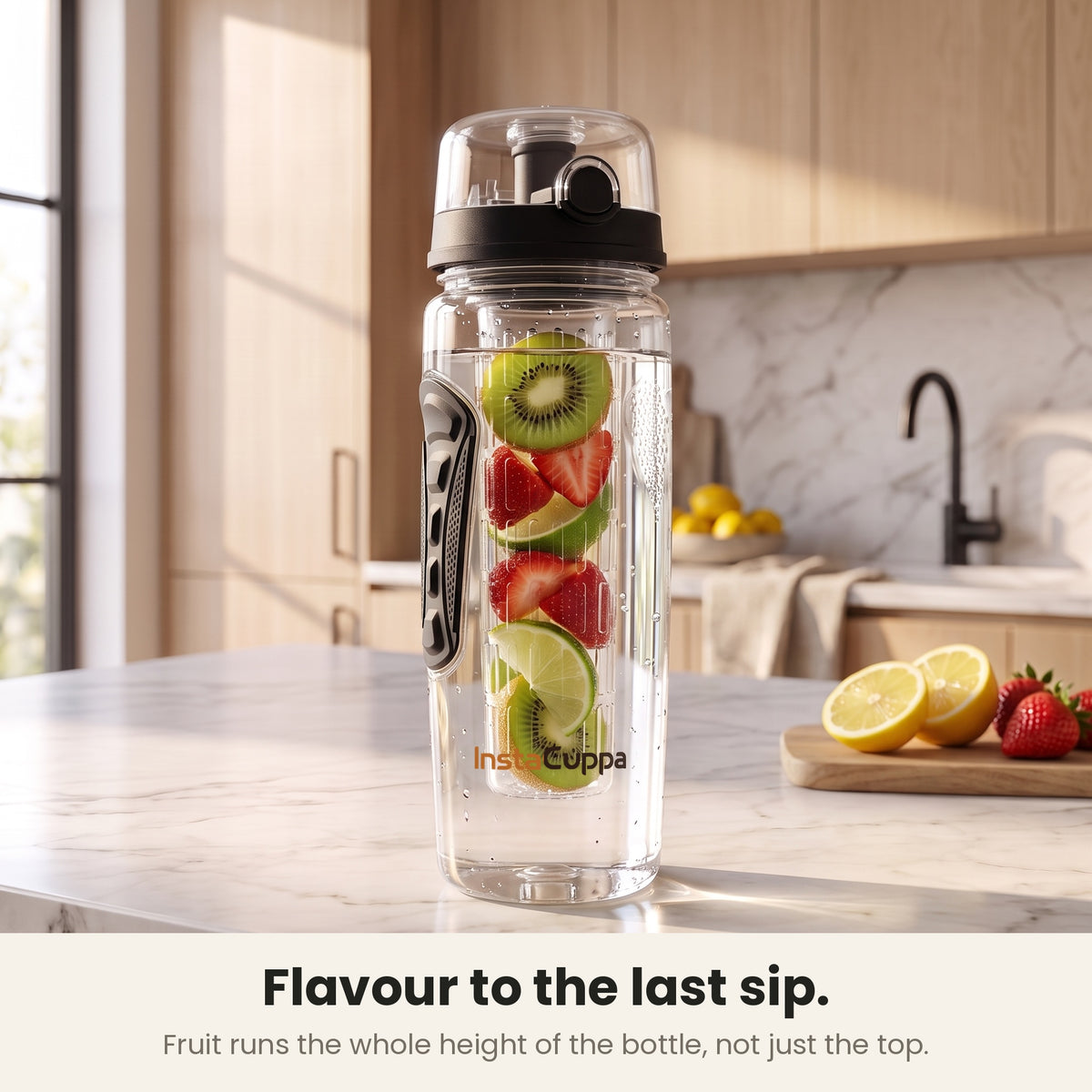 InstaCuppa Fruit Infuser Water Bottle 1 Litre - Black - kiwi, strawberry and lime along the full rod on a kitchen counter