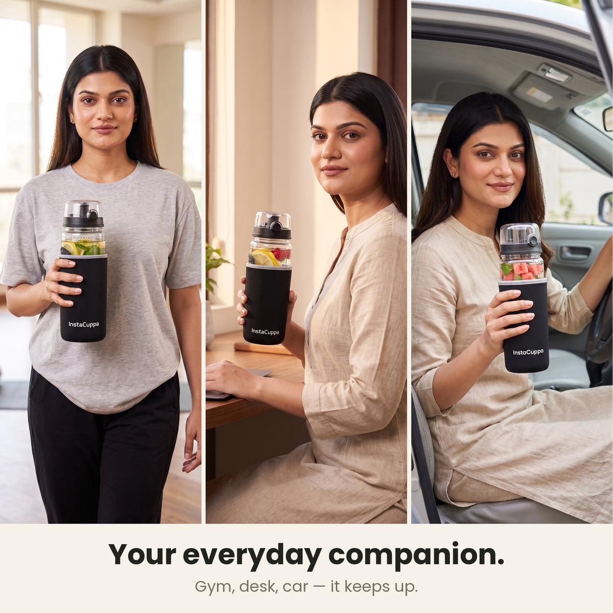InstaCuppa Fruit Infuser Water Bottle 1 Litre - Black - your everyday companion at the gym, office desk and car