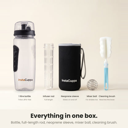 InstaCuppa Fruit Infuser Water Bottle 1 Litre - Black - in the box: bottle, infuser rod, neoprene sleeve, mixer ball, brush