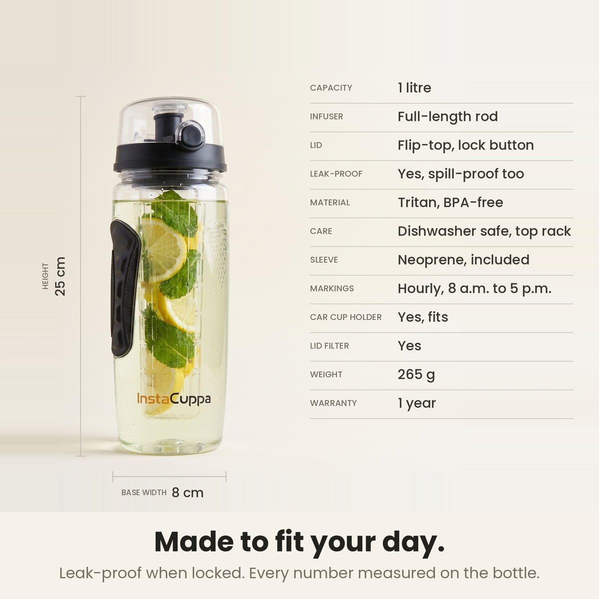 InstaCuppa Fruit Infuser Water Bottle 1 Litre - Black - spec sheet: 25 cm tall, 8 cm base, 265 g, leak-proof when locked