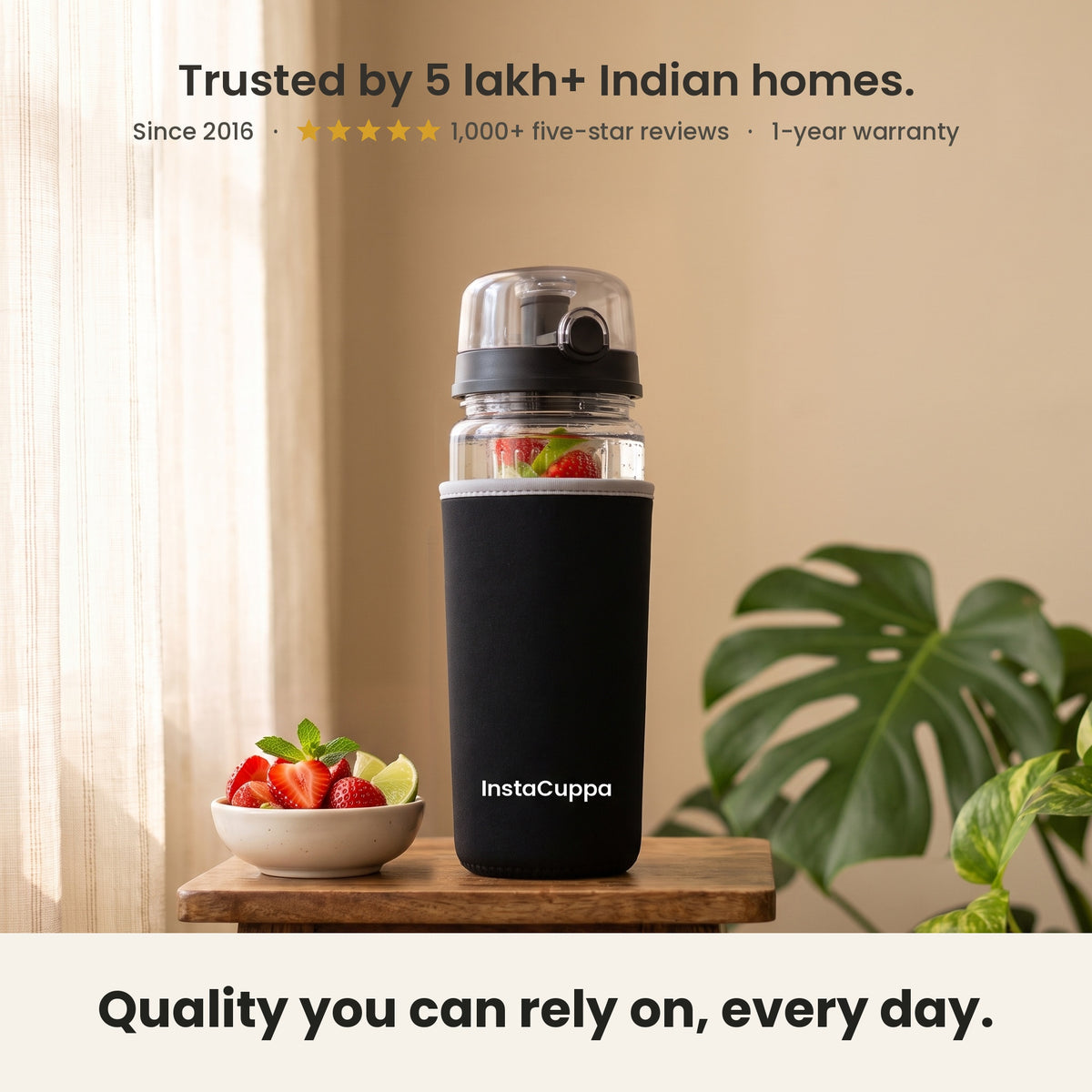 InstaCuppa Fruit Infuser Water Bottle 1 Litre - Black - trusted by 5 lakh+ Indian homes since 2016, 1-year warranty