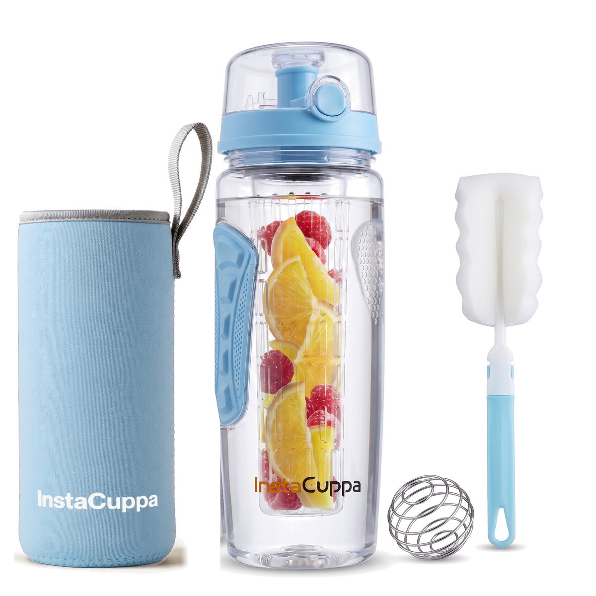 InstaCuppa Fruit Infuser Water Bottle 1 Litre - Blue - full-length rod with orange and raspberries, sleeve, ball and brush