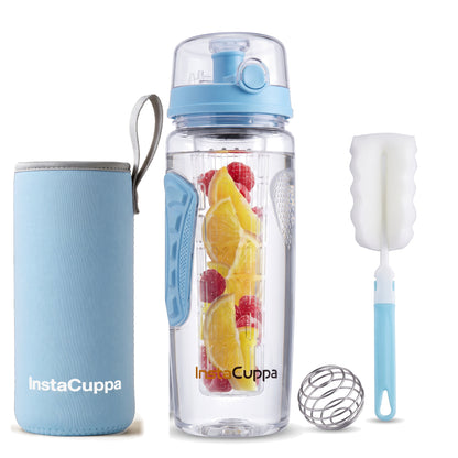InstaCuppa Fruit Infuser Water Bottle 1 Litre - Blue - full-length rod with orange and raspberries, sleeve, ball and brush
