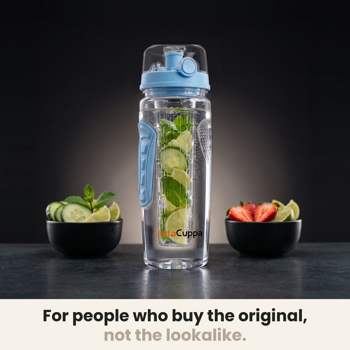 InstaCuppa Fruit Infuser Water Bottle 1 Litre - Blue - the original, not the lookalike; cucumber, mint and lime infusion