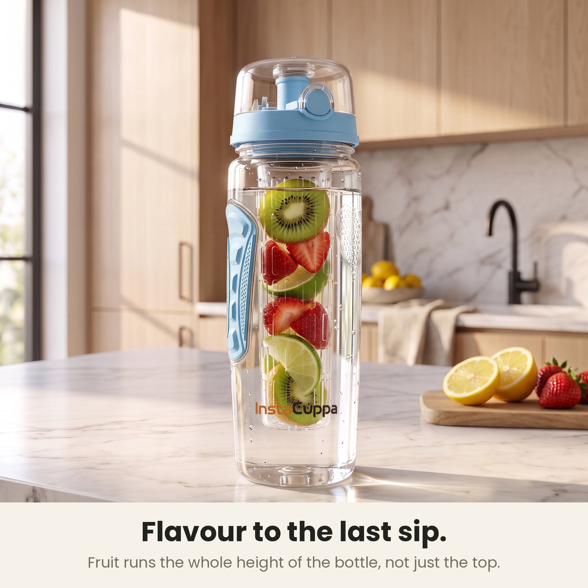 InstaCuppa Fruit Infuser Water Bottle 1 Litre - Blue - kiwi, strawberry and lime along the full rod on a kitchen counter