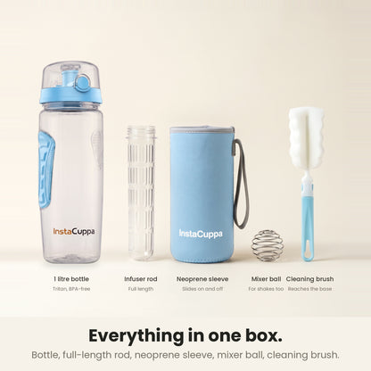 InstaCuppa Fruit Infuser Water Bottle 1 Litre - Blue - in the box: bottle, infuser rod, neoprene sleeve, mixer ball, brush