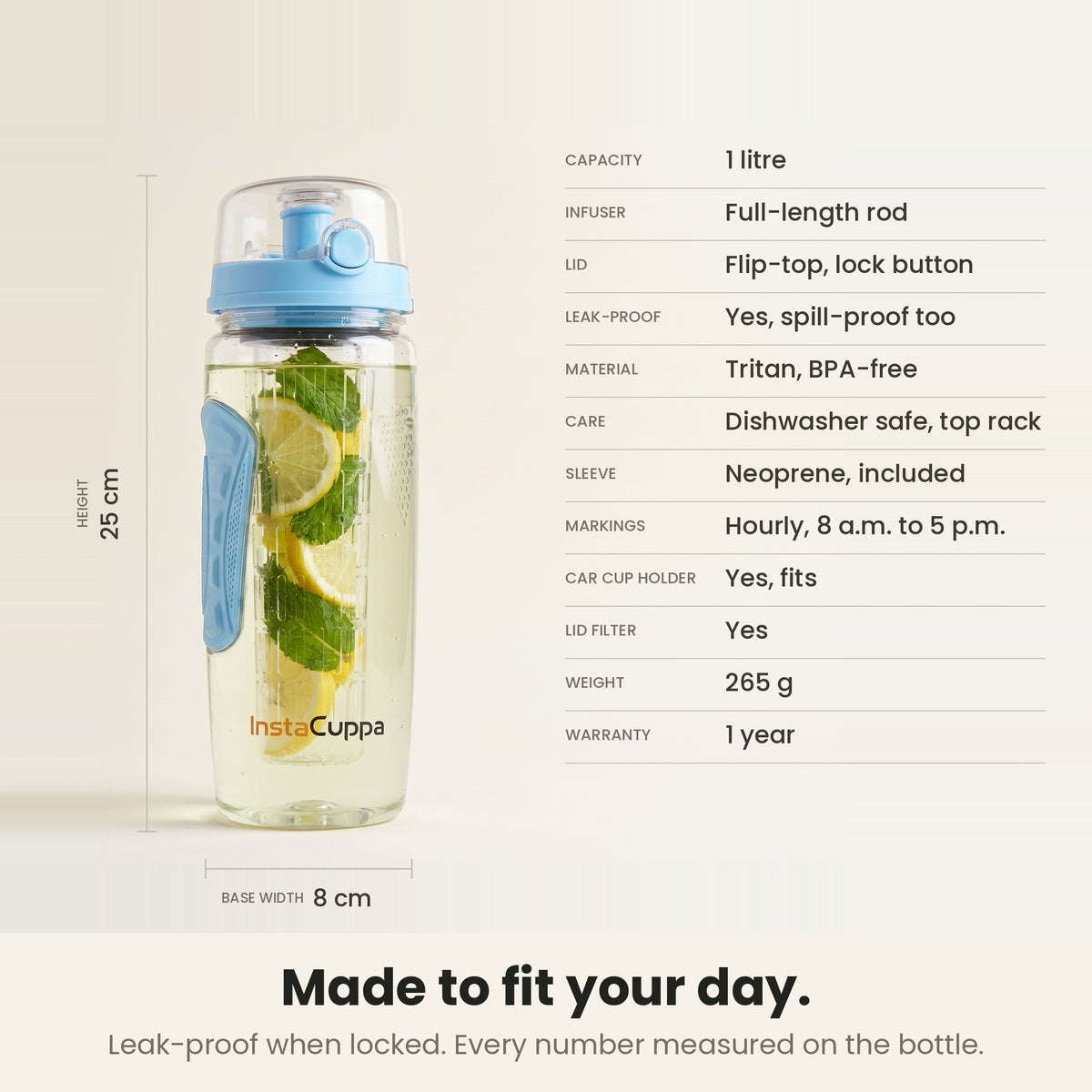 InstaCuppa Fruit Infuser Water Bottle 1 Litre - Blue - spec sheet: 25 cm tall, 8 cm base, 265 g, leak-proof when locked