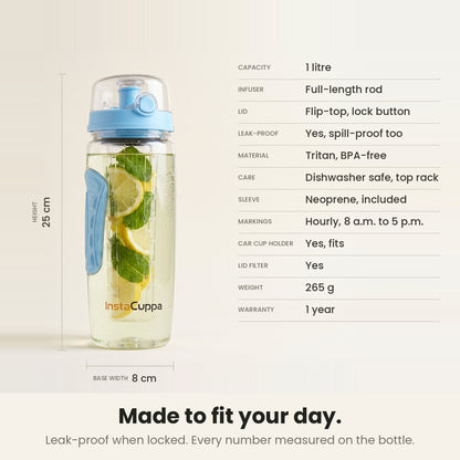 InstaCuppa Fruit Infuser Water Bottle 1 Litre - Blue - spec sheet: 25 cm tall, 8 cm base, 265 g, leak-proof when locked