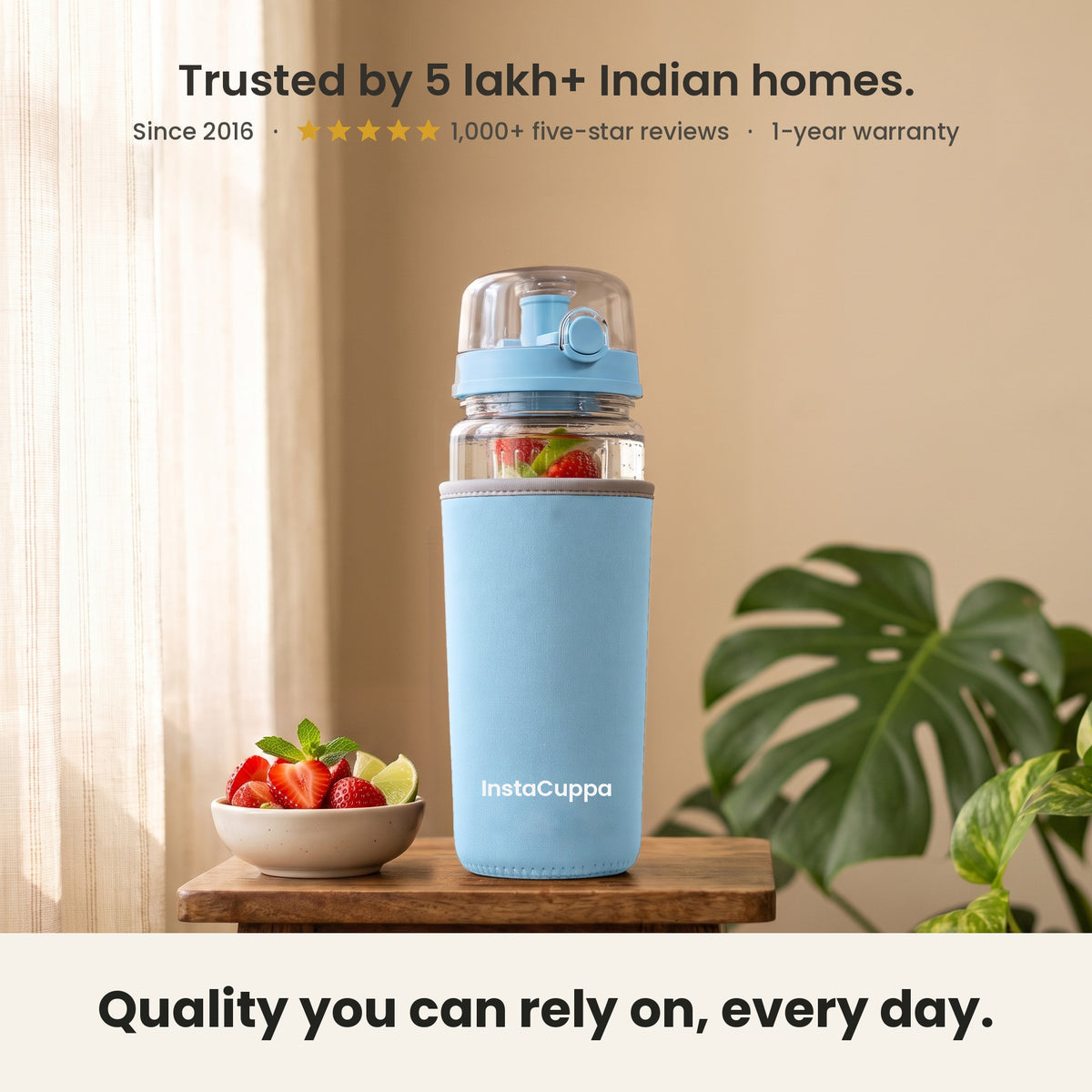 InstaCuppa Fruit Infuser Water Bottle 1 Litre - Blue - trusted by 5 lakh+ Indian homes since 2016, 1-year warranty