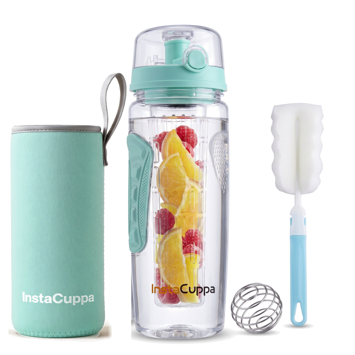 InstaCuppa Fruit Infuser Water Bottle 1 Litre - Green - full-length rod with orange and raspberries, sleeve, ball and brush