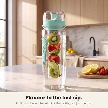 InstaCuppa Fruit Infuser Water Bottle 1 Litre - Green - kiwi, strawberry and lime along the full rod on a kitchen counter