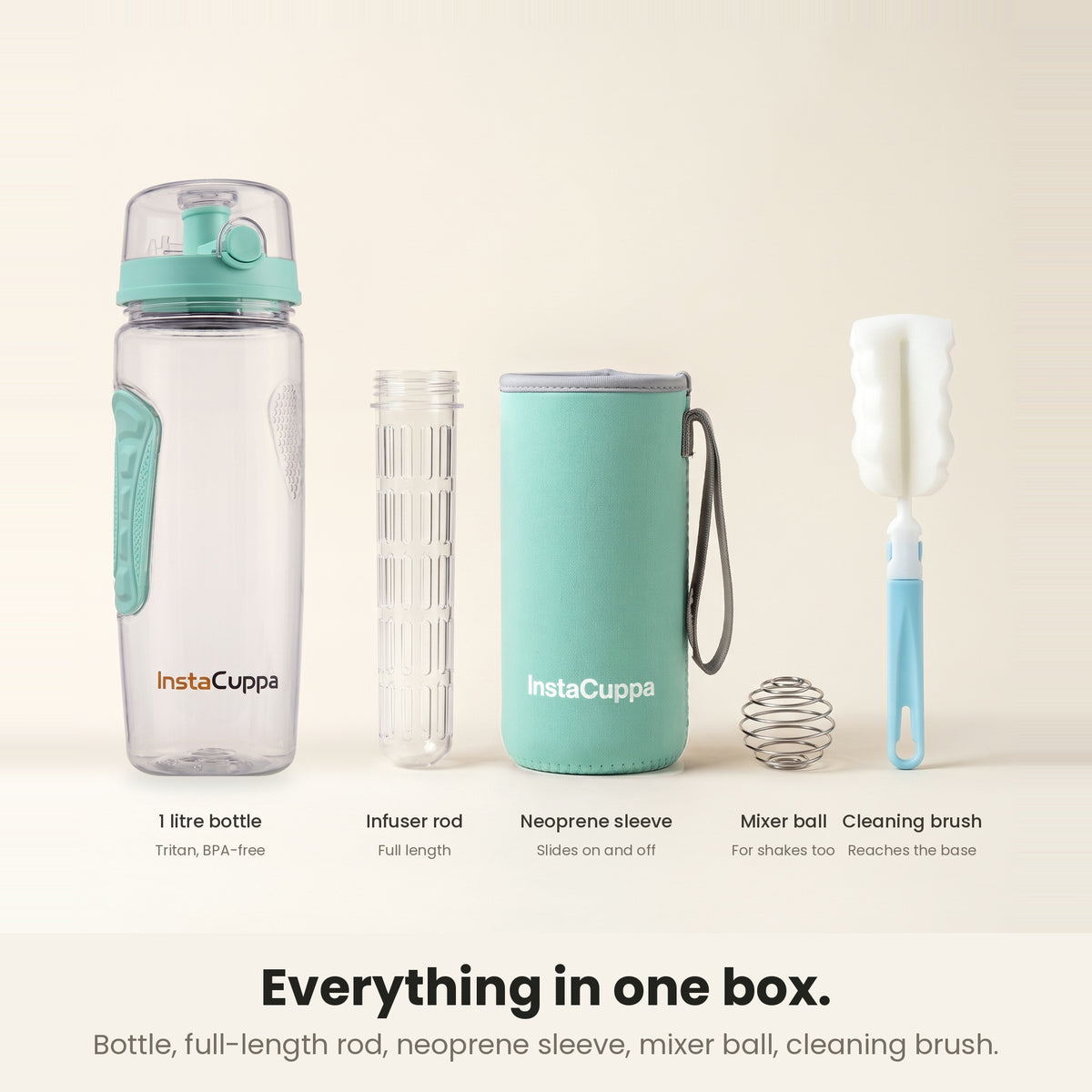 InstaCuppa Fruit Infuser Water Bottle 1 Litre - Green - in the box: bottle, infuser rod, neoprene sleeve, mixer ball, brush