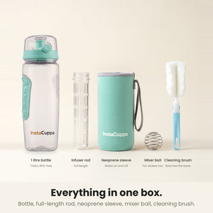 InstaCuppa Fruit Infuser Water Bottle 1 Litre - Green - in the box: bottle, infuser rod, neoprene sleeve, mixer ball, brush
