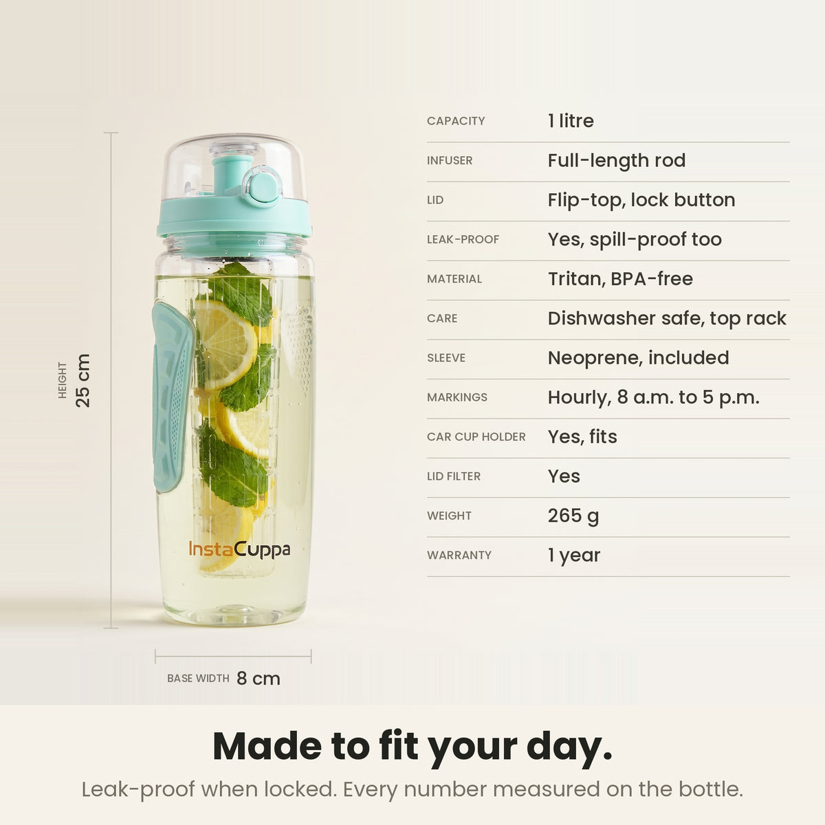 InstaCuppa Fruit Infuser Water Bottle 1 Litre - Green - spec sheet: 25 cm tall, 8 cm base, 265 g, leak-proof when locked