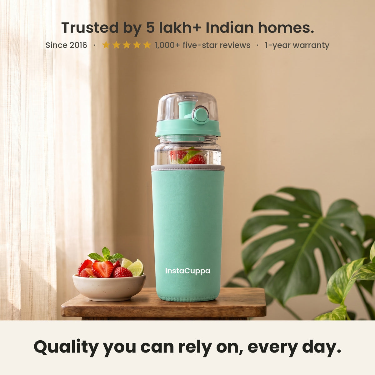 InstaCuppa Fruit Infuser Water Bottle 1 Litre - Green - trusted by 5 lakh+ Indian homes since 2016, 1-year warranty