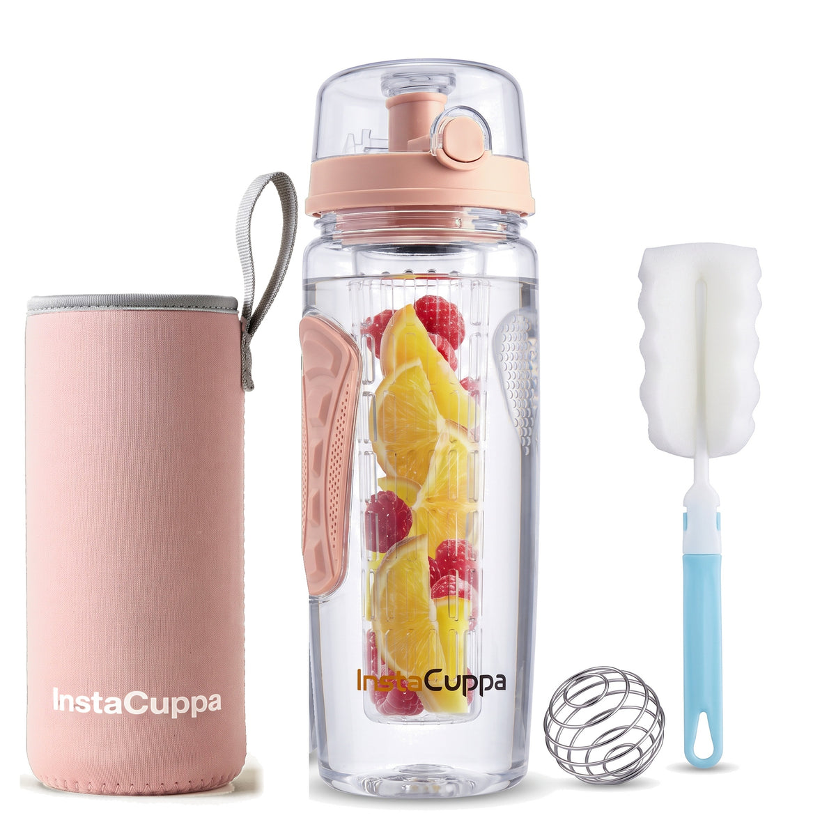 InstaCuppa Fruit Infuser Water Bottle 1 Litre - Rose - full-length rod with orange and raspberries, sleeve, ball and brush