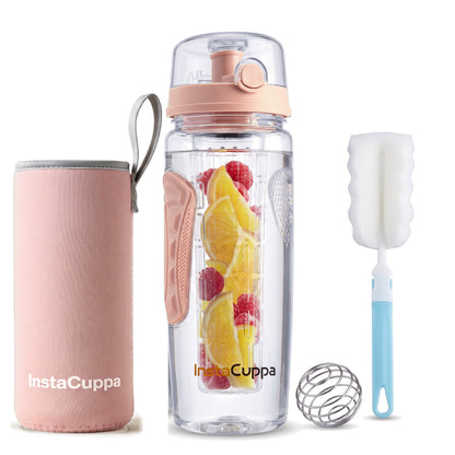 InstaCuppa Fruit Infuser Water Bottle 1 Litre - Rose - full-length rod with orange and raspberries, sleeve, ball and brush