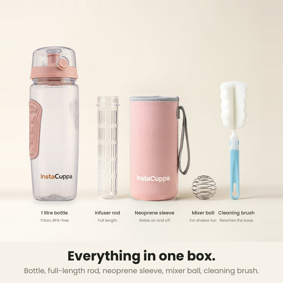 InstaCuppa Fruit Infuser Water Bottle 1 Litre - Rose - in the box: bottle, infuser rod, neoprene sleeve, mixer ball, brush