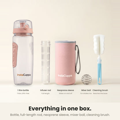 InstaCuppa Fruit Infuser Water Bottle 1 Litre - Rose - in the box: bottle, infuser rod, neoprene sleeve, mixer ball, brush