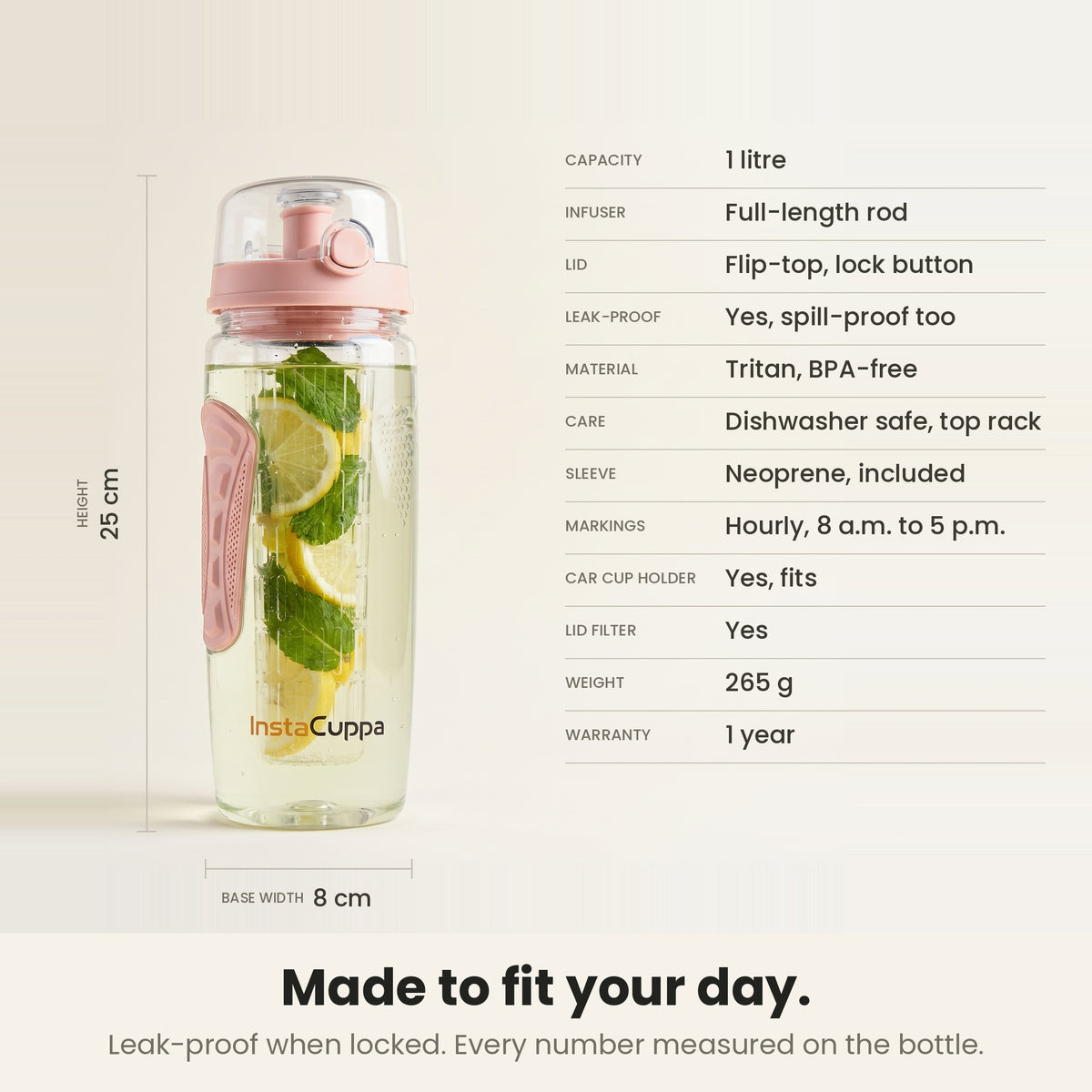 InstaCuppa Fruit Infuser Water Bottle 1 Litre - Rose - spec sheet: 25 cm tall, 8 cm base, 265 g, leak-proof when locked