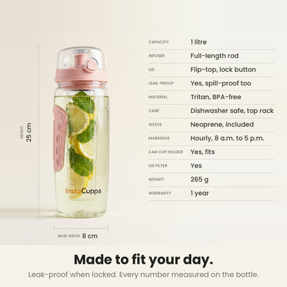 InstaCuppa Fruit Infuser Water Bottle 1 Litre - Rose - spec sheet: 25 cm tall, 8 cm base, 265 g, leak-proof when locked