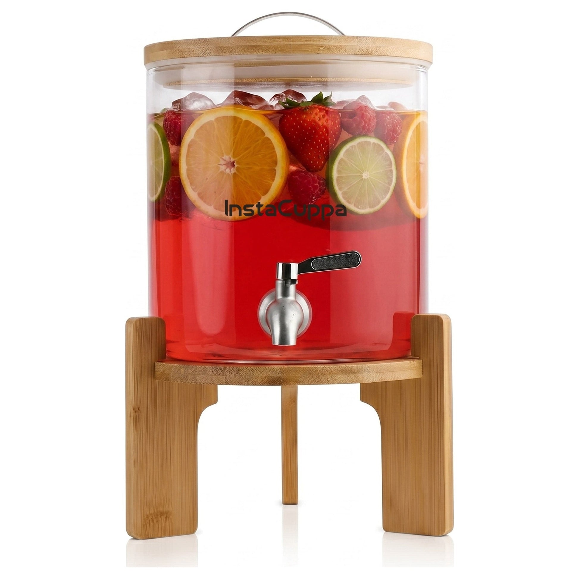 InstaCuppa Glass Water Dispenser 5 Litre — bamboo stand, borosilicate jar, steel tap, lid thermometer