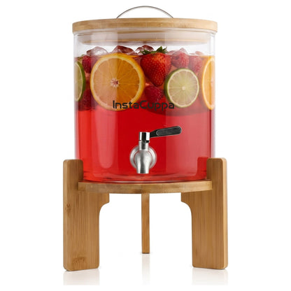 InstaCuppa Glass Water Dispenser 5 Litre — bamboo stand, borosilicate jar, steel tap, lid thermometer