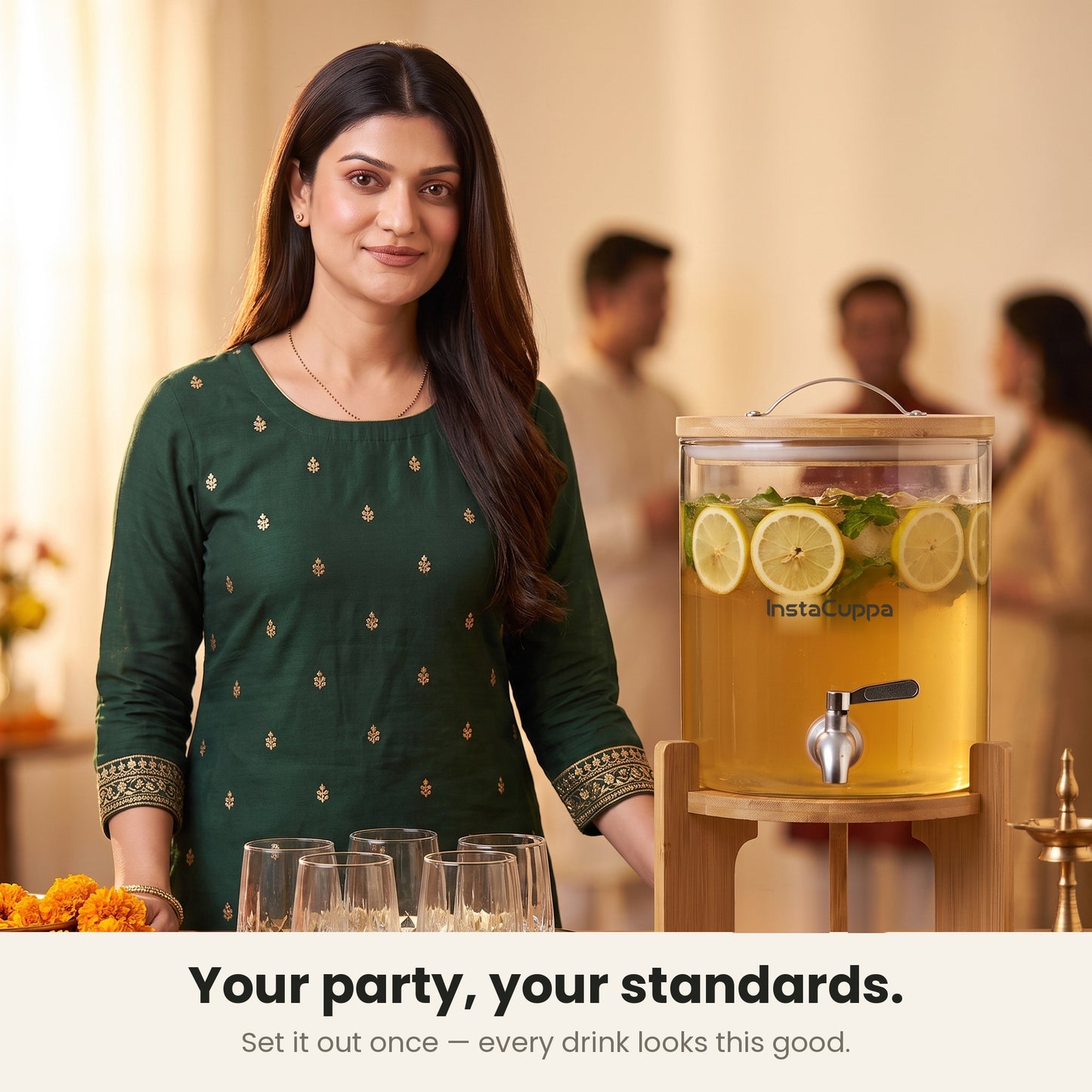InstaCuppa Glass Water Dispenser 5 Litre — host setting out nimbu pani for guests to serve themselves