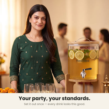 InstaCuppa Glass Water Dispenser 5 Litre — host setting out nimbu pani for guests to serve themselves