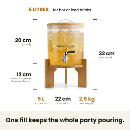 InstaCuppa Glass Water Dispenser 5 Litre — with stand: 32 cm tall, 20 cm jar, 12 cm under the tap