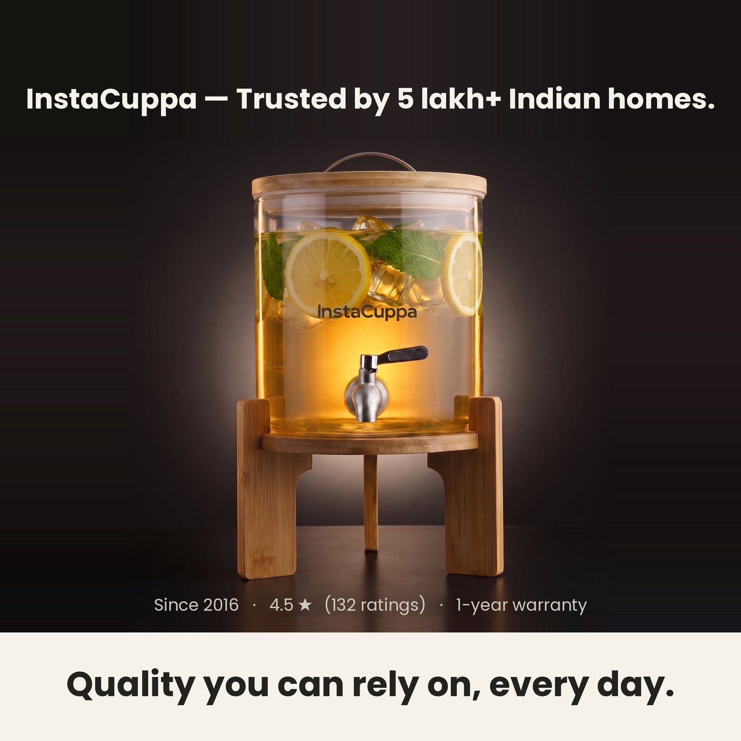 InstaCuppa Glass Water Dispenser 5 Litre — glass beverage dispenser trusted by 5 lakh plus Indian homes