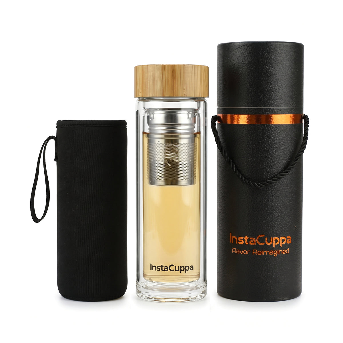 InstaCuppa Glass Tea Infuser Bottle 450 ML - double wall borosilicate glass with stainless steel infuser, bamboo lid, neoprene sleeve and gift tube