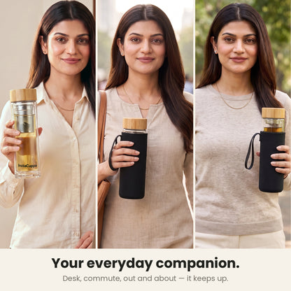 InstaCuppa Glass Tea Infuser Bottle 450 ML - your everyday companion: carried at the desk, on the commute and outdoors, in the black neoprene sleeve with its carry loop