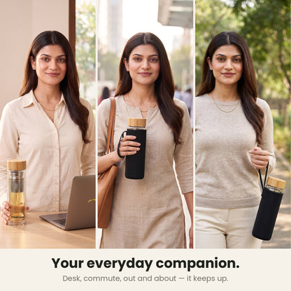 InstaCuppa Glass Tea Infuser Bottle 450 ML - at the desk, on the commute and outdoors with the neoprene sleeve