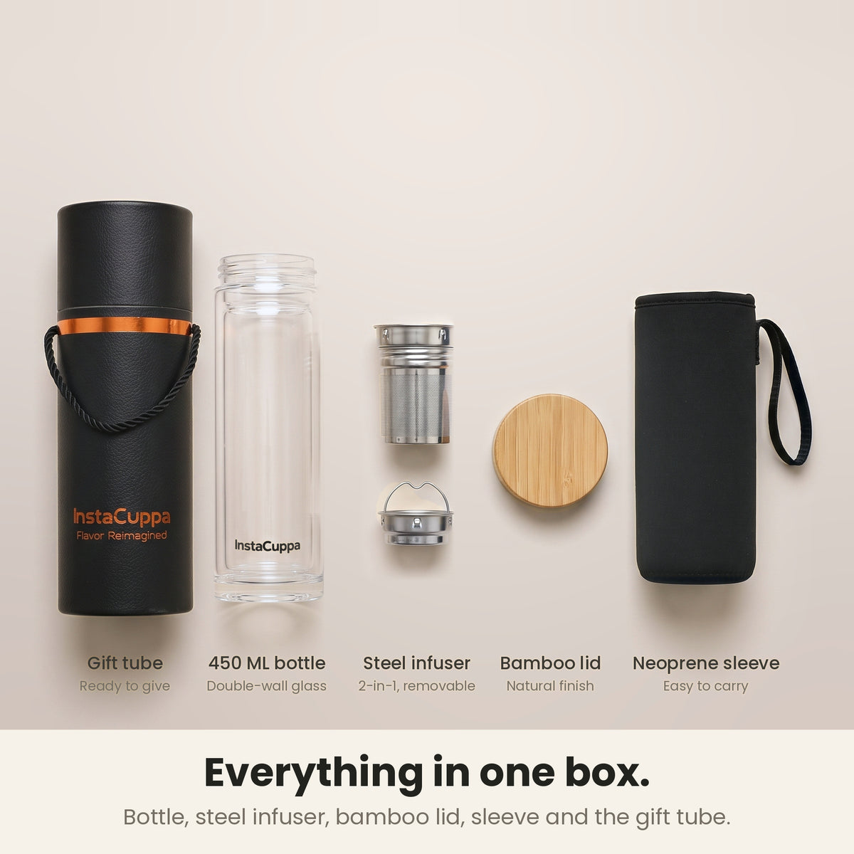 InstaCuppa Glass Tea Infuser Bottle 450 ML - everything in one box: gift tube, 450 ML double-wall glass bottle, 2-in-1 steel infuser, bamboo lid and neoprene sleeve
