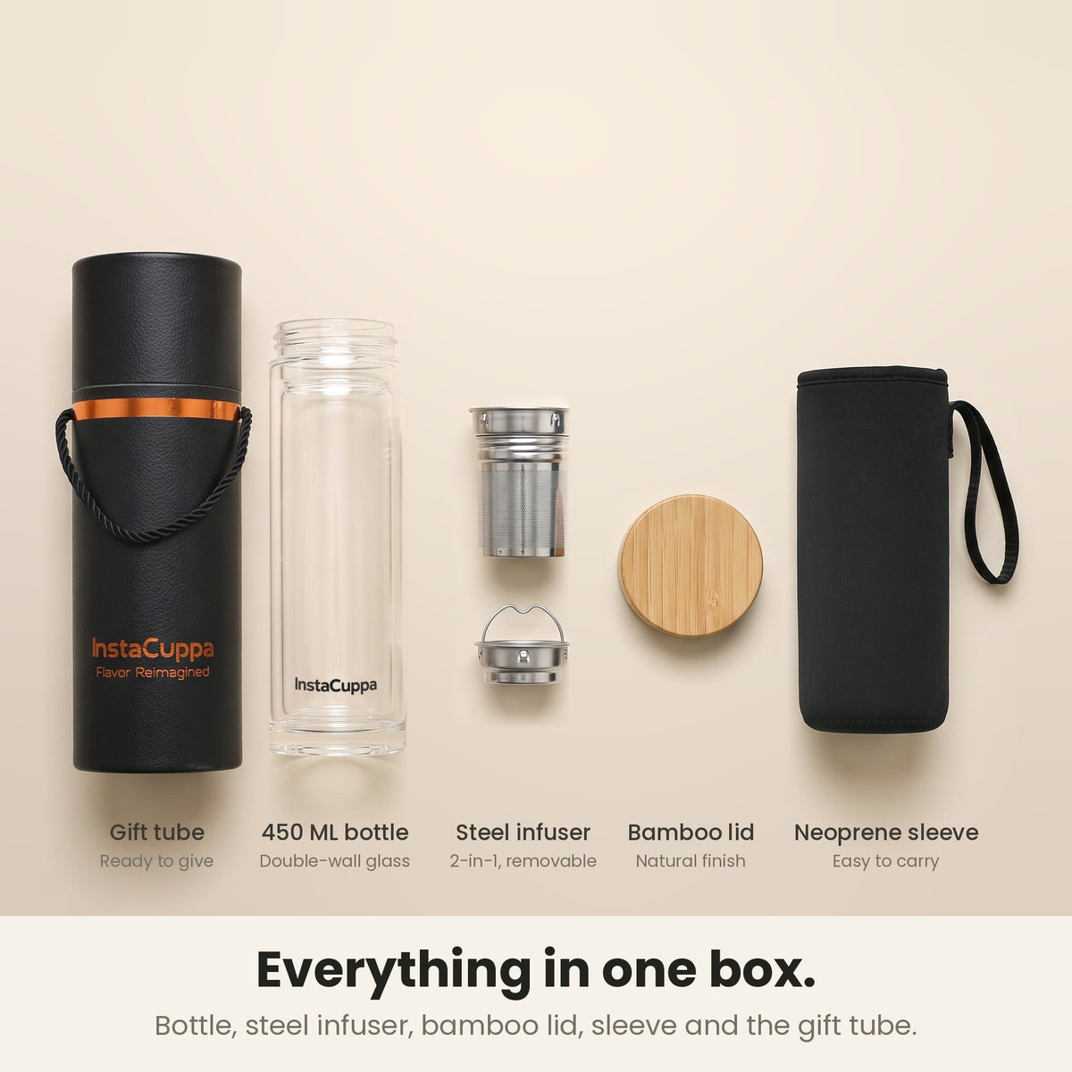 InstaCuppa Glass Tea Infuser Bottle 450 ML - what's in the box - bottle, 2-in-1 steel infuser, bamboo lid, sleeve and gift tube