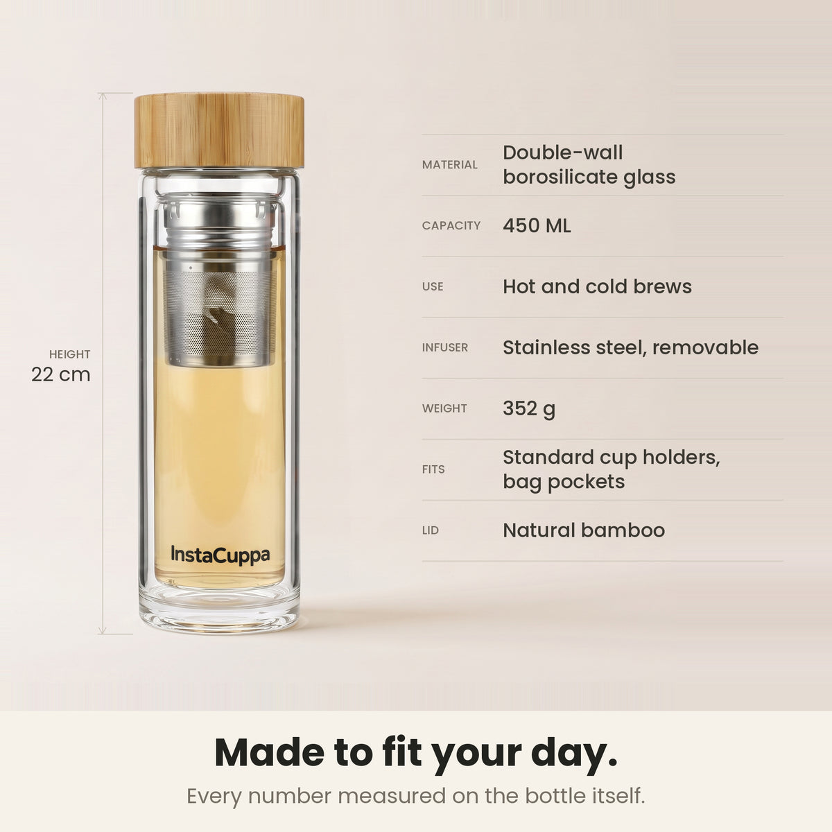 InstaCuppa Glass Tea Infuser Bottle 450 ML - specifications - 450 ML, 22 cm tall, 352 g, fits standard cup holders