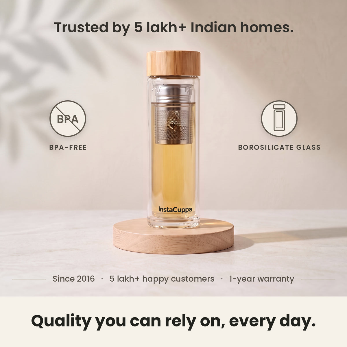 InstaCuppa Glass Tea Infuser Bottle 450 ML - BPA-free borosilicate glass bottle on an oak stand: since 2016, 5 lakh+ happy customers, 1-year warranty