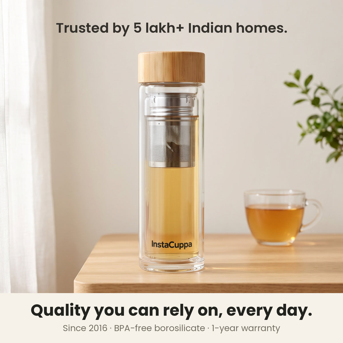 InstaCuppa Glass Tea Infuser Bottle 450 ML - trusted by 5 lakh+ Indian homes since 2016